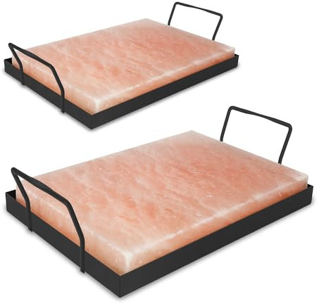 Cecaylie 2X Salzstein zum Grillen XXL, 20x30x3cm Salz Grillsteine Mit Eisenplatte, Wiederverwendbar Salzgrillstein, Original Kristallsalz, Salzplatte zum Grillen für BBQ