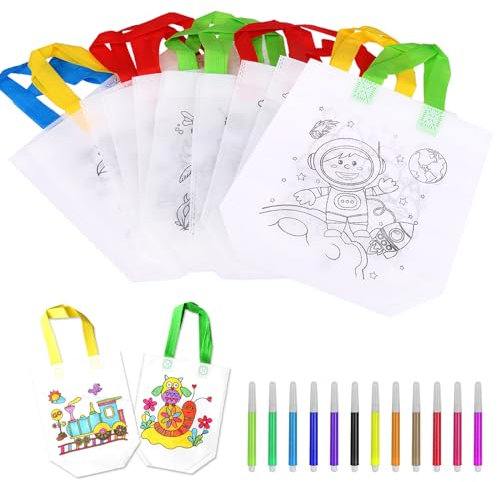 Koboko 10 Stück Taschen zum Bemalen für Kinder,DIY Stoffbeutel zum Bemalen,Perfekt für Kindergeburtstag Gastgeschenke,Bastelset Kindergeburtstag(Enthält 12 Farben Aquarellstifte)