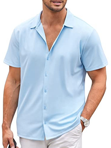 COOFANDY Mens Summer Shirts Button Down Short Sleeved Wrinkle Free Shirt Business Dress Regular Fit Sky Blue XL