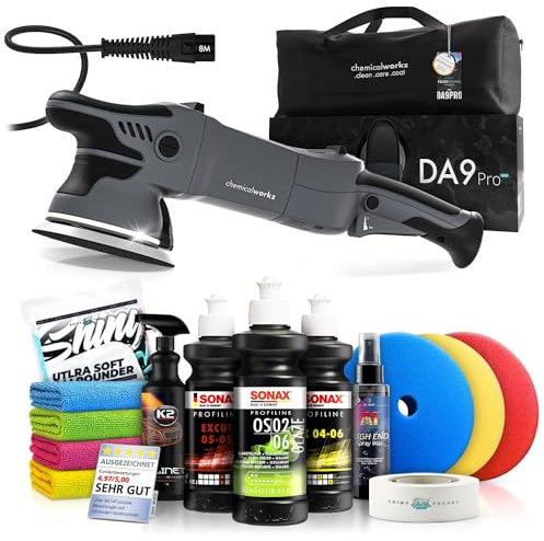 Poliermaschinen Set: chemicalworkz DA9 Pro Max Exzenter Poliermaschine + Sonax Politur Set + Royal Pads Premium Polierpads + Dr. Wack Lackversiegelung + Zubehör | 14-teilig