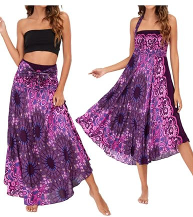 JENJON Femme Robe Imprimé Fleurie Ete Boheme Jupe Style Ethnique 2 en 1 sans Manche Plage Strap Wrap Taille Unique I-Violet Taille Unique