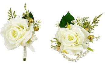 Floinla Elfenbeinweiße Ansteckblume und Ansteckblume Set für Hochzeit, Abschlussball, künstliche Rose Blume Handgelenk Corsage Armbänder, Homecoming Corsage Wristlet, Boutonniere für Männer Hochzeit