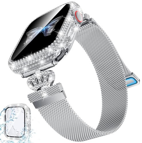 Kamita Metallo Cinturino per Apple Watch Cinturino 44mm per Ragazze e Donne, Cinturini Magnetico in Maglia Metallo Milano con Impermeabile Diamante Custodia Cover per iWatch Serie SE 6 5 4 (Argento)