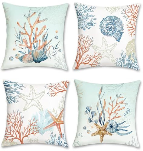 Bonhause 4er Set Kissenbezüge Küsten 45 x 45 cm Koralle Seestern Muschelschale Strand Dekorative Kissenhülle Ozean Blau Zierkissenbezüge für Sofa Zuhause Patio Dekoration