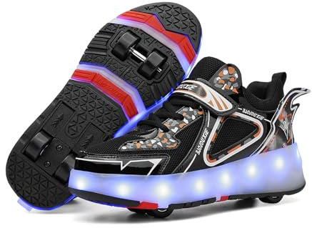 Mateju Rollschuhe für Jungen und Mädchen - Kinder Turnschuhe Mit 4 Versenkbaren Rollen - Damen Herren Skateboardschuhe 43 EU Schwarz