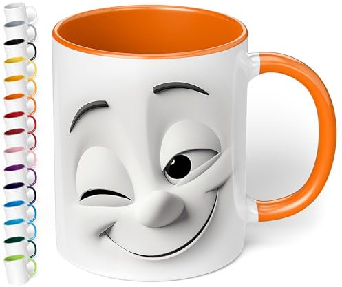 True Statements Emotion Büro Keramik-Tasse „Zwinkerndes Gesicht“ - 330ml Kaffeebecher - Face Mug - Geschenke für Kollegen (Orange)