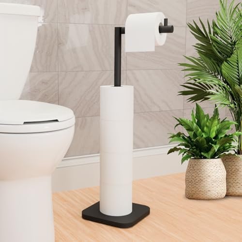 Toilet Roll Holder Free Standing – Toilet Roll Stand for 5 Rolls – Stainless Steel Loo Roll Holder with Heavy Stable Base – Pedestal Free Standing Toilet Roll Holder for Bathroom (Black)