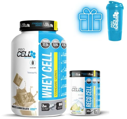 PROCELL | PACK WHEYCELL + RECOCELL 300 gr + SHAKER | Proteína Whey Pura | Aumentar Masa Muscular | Recuperación Post Entrenamiento | L-Glutamina, BCAA's 4:1:1 y Vitamina B6 | (2 kg, White Chocolate)
