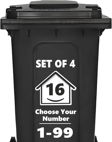 4 x Bin Numbers for Wheelie Bins, 1-99, 15cm ‘Happy House’ Design Dustbin Stickers, Easy Application Stick On Number Stickers - Weatherproof Self Adhesive Vinyl, Black (16)