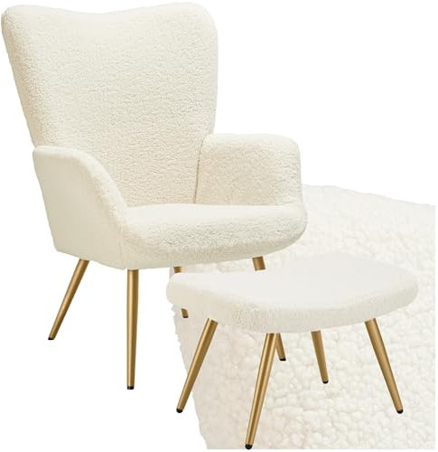 TecTake® Fauteuil Salon Confortable & Tabouret en Tissu bouclé Fauteuil Scandinave Moelleux avec Accoudoirs Chaise Ergonomique pour Salle à Manger, Chambre, Siege Bureau, Allaitement - Crème/Or