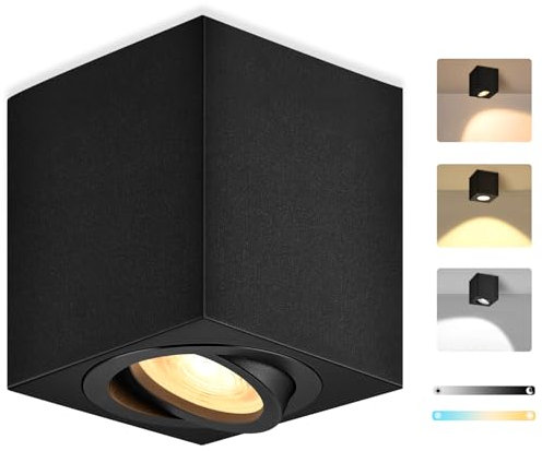 GeyouLux 3CCT LED Aufbauspot Eckig Schwarz - extra flach & 30° schwenkbar - Ø80x84mm Aufputz Spots Decke inkl. 5W 500LM Dimmbar LED Modul 230V - Deckenspots, Aufbaustrahler, Aufputz Deckenstrahler