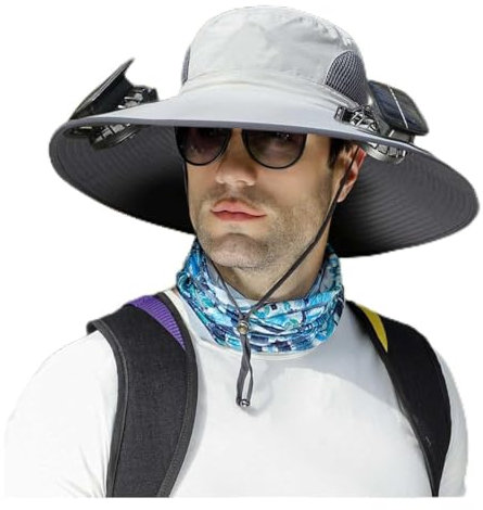 HINNVCL Wide Brim Solar Fan Hat Outdoor 2024 New Men's Fishing Hats for Sun Protection, Cooling Hat with Fan Bulit in, UPF 50+, Waterproof Breathable Bucket Hat