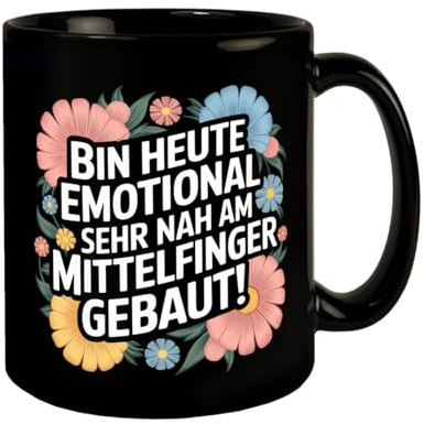 Heute emotional sehr nah am Mittelfinger gebaut Blumensprache Tasse Humorvolle schwarze KaffeeTasse mit Mittelfinger-Illustration Blumenornamenten im Vintage-Stil für Kollegen