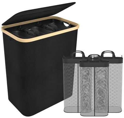 Aufun Wäschekorb 3 Fächer mit Deckel 140L zur einfachen Trennung, Wäschesack Wäscheboxen Wäschetonne Wäschesortierer mit Griffen Laundry Baskets Wäscheschrank für Waschküche, Schlafzimmer- Schwarz