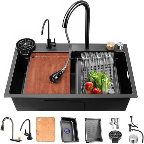 304 Stainless Steel Black Kitchen Sink With Waterfall and Cup Rinser Pull-Out Faucet - Single Bowl, Nano, Home Set (Black, 85×45×20cm)