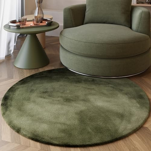 Wecon Home Moderner, sehr Flauschiger Hochflor Teppich von Esprit perfekt für Wohnzimmer, Schlafzimmer und mehr - Alice (100 cm rund, Olive)