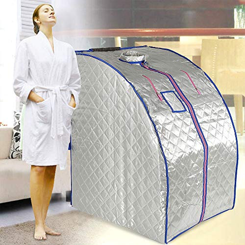 Tragbare Dampfsauna, Sauna-Zelt, tragbar, 2,5 l, mit Temperatur, 9 Stufen, Edelstahlrahmen, klappbarer Stuhl, Timer, Fenster mit Reißverschluss (mit 4 Heizplatten, Infrarot, Silber)