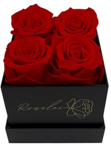 Roselei Rosenbox - 4 echte Infinity Rosen, Konservierte Rose, Ewige Rose, Romantisches Geschenk, Blumen, Jahrestag, Valentinstag, 3 Jahre Haltbar (Rot)