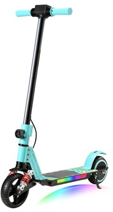 KHHK 6,5 Elektroroller für Kinder mit LED-Lichtern, vorderem Doppelfederstoßdämpfer, 130W Motor, max. Geschwindigkeit 14 km/h, Faltbarer E-Scooter für Kinder von 6-14 Jahren (Himmelblau)