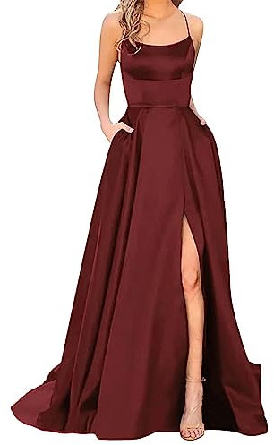 2025 Prom Dresses for Women Long Elegant Backless Long Dresses Crisn Satin Spaghetti Party Prom Dress Side Slit Wedding Evening Party Dress with Pockets Evening Dress Lilac Women, Wine Red, XXL