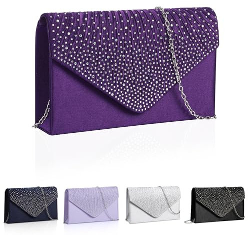 Srvillg Women Clutch Bag, Lilac Satin Evening Clutch Bags, Wedding Shoulder Bags Women's Clutches with Detachable Chain Strap for Bride Prom Party Holiday (Purple)