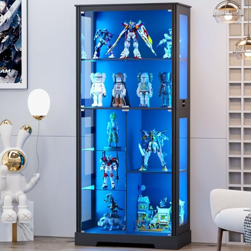 Gurexl Display Cabinet with Glass Doors,70'' Curio Cabinet with Adjustable Glass Shelf,4-Tier Display Cases with 3 Color Lights for Collectibles,Storage Cabinet with Human Body for Books,Toys,Black