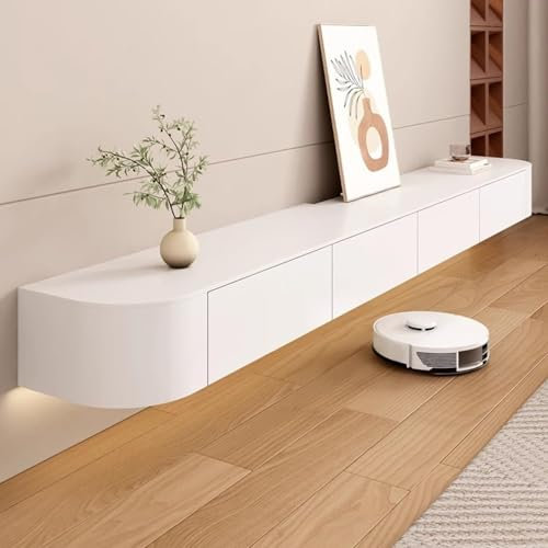 JKJZSALJ Meuble TV Mural Flottant en Bois Massif, Étagère TV Suspendue, Meuble TV avec Tiroirs, Meuble TV Flottant pour Salon Et Bureau, Blanc, 1,4 M