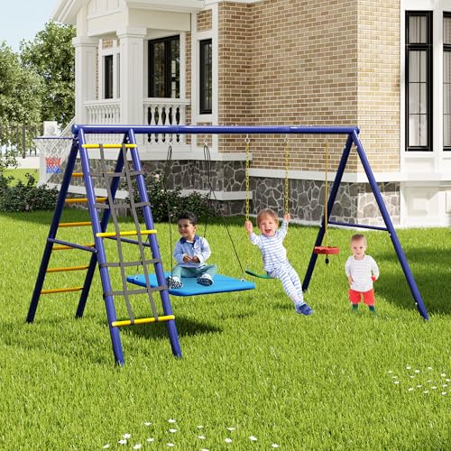 FENGSSLL Schaukel Outdoor mit Gestell, Schaukelgestell Outdoor mit 3 Schaukeln, Gartenschaukel Kinder mit Klettergerüst und Basketballkorb, Schaukelgerüst, Antique Blue
