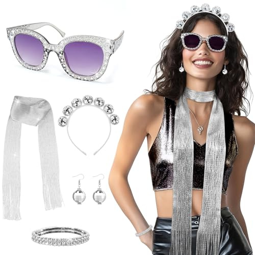PeakPeek Disco Kostüm Damen, Discokugel Haarreif mit Discokugel Ohrringe, Pailletten Schal Disco Brille Glitzer Armband, Discokugel Kostüm Damen, für Damen Herren Party Karneval Party
