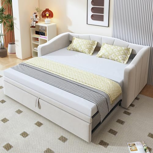 Arhatreya Schlafsofa 90/180x200 cm, Sofabett mit Ausziehbett, Polsterbett mit Lattenrosten, Multifunktionsbett Tagesbett für Gästezimmer Schlafzimmer (Ohne Matratze) Samtstoff Beige