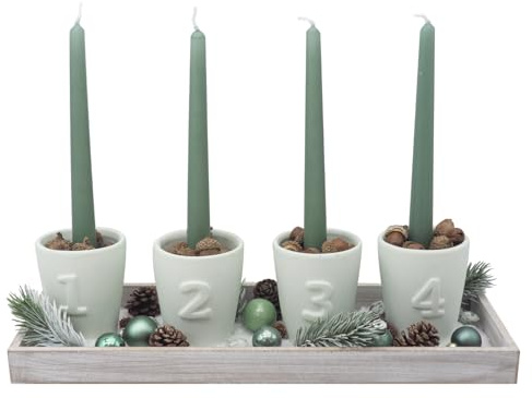 ZauberDeko Adventskranz Tablett Stabkerzenhalter Zahlen 4 Salbei Mint Grün Stabkerzen Adventsgesteck Weihnachten 40cm L Set