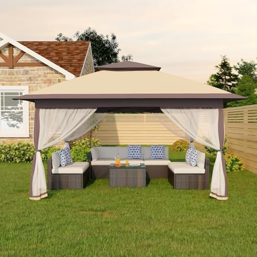 Faltpavillon Moskitonetz 3x3 m mit 4 Moskitonetz Seitenteilen – Pop Up Pavillon wasserdicht & stabil, UV-Schutz 50+, höhenverstellbar, Doppeldach Pavillion für Patio & Familie Khaki