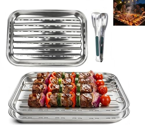 Mujiluxe grillschale,grillschalen,grillschale Edelstahl,Wiederverwendbare Grillplatten-Set aus Edelstahl beinhaltet,Set aus 3 Lochplatten 34,5x24x2cm + Zange,für Gemüse, Fleisch und Fisch (Silber)