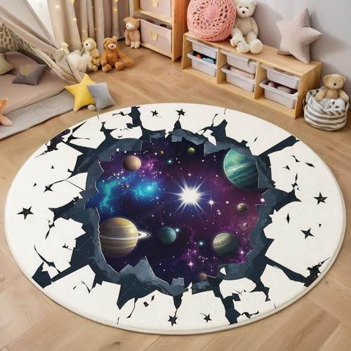 HASLEFND Kinderteppich Rund, Dunkelblau Science-Fiction-Stil Planet im Wandloch, Kurzflor Waschbarer Teppich Extra Weich und Antiallergen für Jungen und Mädchen Spielzimmer 100cm