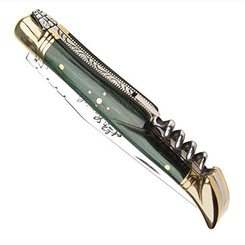 Couteau Laguiole manche en bois de stamina vert avec tire-bouchon et mitres en laiton - Taille fermée - 11 cm