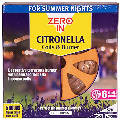 Zero In STV420 Citronella-Brenner und Paket mit 6 Spiralen, diskreter und dekorativer Brenner aus Terrakotta, jede Spirale brennt über 5 Stunden lang, Braun