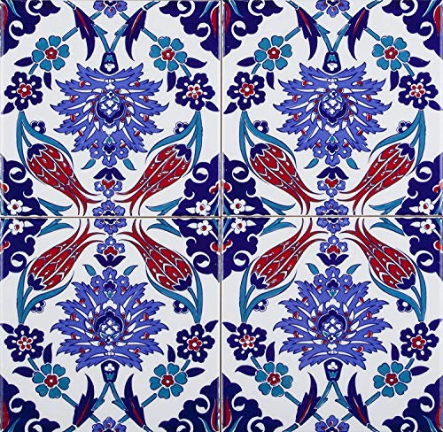 Piastrelle cucina e bagno decorate in ceramica Cerames Makbule 20x20 cm | Rivestimenti Iznik colorati, 1 confezione - 0,48m2 (12 pezzi), mattonelle decorative ideale per cucina o bagno, rustico