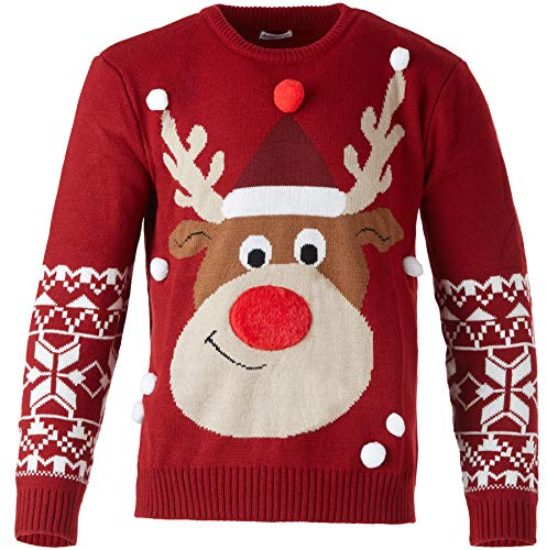 dressforfun 900823 Kinder Weihnachtspullover Rudi Rentier mit angenähten Schneeflocken, rot - Diverse Größen - (140 | Nr. 303323)