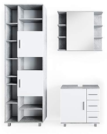Vicco Badmöbel-Set Ilias, Badezimmerschrank-Set, Beton/Weiß, 3 Teile, mit Hochschrank