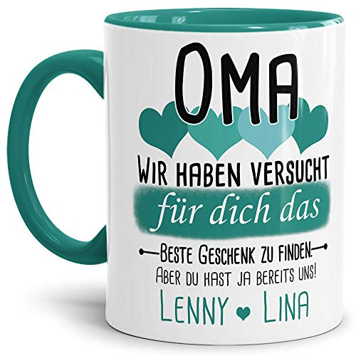 Tassendruck Geschenk Tasse mit Spruch PERSONALISIERT - Bestes Geschenk für Oma von Enkelkindern - Kaffee-Tasse/Geschenkidee Geburtstag Muttertag/Muttertagsgeschenk - Innen & Henkel Türkis