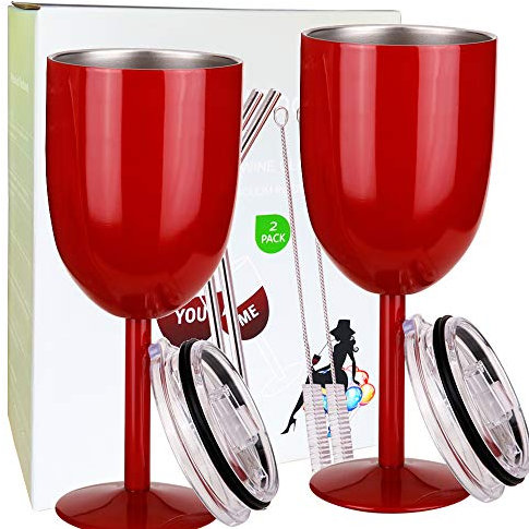 AMZUShome - Lot de 2 verres à vin en acier inoxydable à double paroi isothermes avec couvercle et paille. Gobelets à vin isothermes à double paroi avec couvercle et paille. Cadeau d'amitié, de Noël,