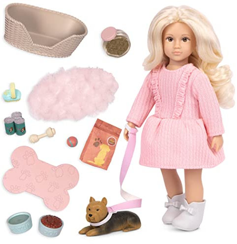 Lori Puppe Dafina und Yorkshire Terrier Hund– Mini Puppe 15 cm mit Puppenkleidung, blonden langen Haaren, Haustier Zubehör – Spielzeug für Kinder ab 3 Jahre