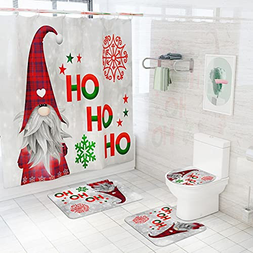 NEWSUYAA 4-teiliges Weihnachts-Baddekorationsset, Duschvorhang, WC-Sitzbezug, Teppich-Set, Weihnachten, Weihnachtsmann, Kiefern, Schneemann, Wichtel, Badewannendekoration (A6)