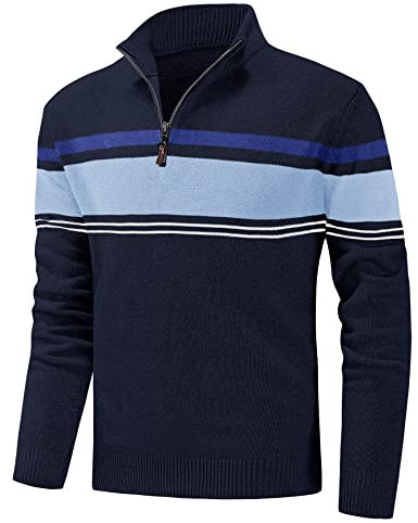 KEFITEVD Mens Jumper 1/4 Zip Cotton Sweater Casual Warm Turtleneck Knitted Pullovers Long Sleeve Winter Jumpers Navy Blue S