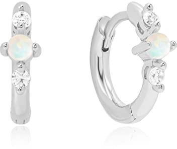 Brandlinger ® Ohrringe Silber 925 hängend. Creolen mit Opal und Zirkonia Stein. Schmuck Damen vergoldet mit 18 Karat (Silber und Gold) für Frauen und Mädchen. Durchmesser der Creolen 11,5mm. (Silber)