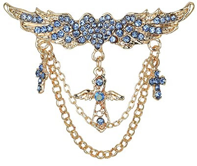 EVER FAITH Engelsflügel Kreuz Brosche mit Quastenkette Strass Kristall Anstecknadel für Frauen Mädchen Blau Gold-Tone