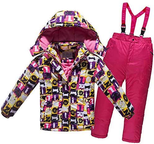 LSHDCER Kinder Jungen Mädchen Skianzug Winterset Zweiteiler Verdickte Skijacke + Skihose Schneeanzug Wasserdicht für Winter, Lila, 104-110