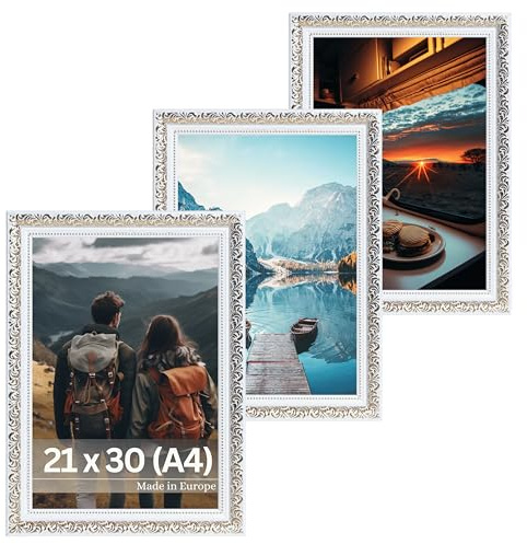 VictoR vintage Bilderrahmen „Rubens“ 3er Set in 21x30 cm (A4) weiß gold | Leiste: 30x20mm - Echtglas - Fotorahmen barock - antik - Bilderrahmen 20x30 vintage - Fotorahmen A4 weiß