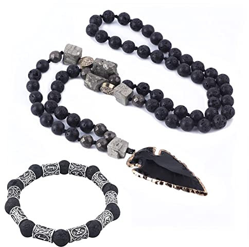 BBYOUTH Natürliche Lavastein Chalkopyrit Kette mit Gungnir Anhänger, Yoga Herren Halsketten Skandinavische Rune Armband Wikinger Schmuck,2 Pack