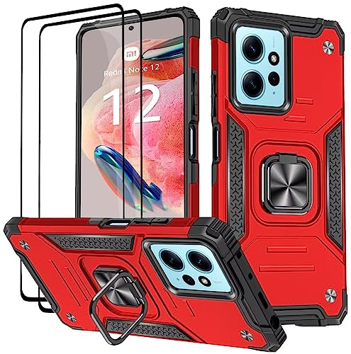 KANSi Coque pour Xiaomi Redmi Note 12 4G (6.67), Verre Trempé [2 Pièces] + Housse TPU Silicone Rotation 360° Aimant Anneau Support Double Défense Protection Etui - Rouge